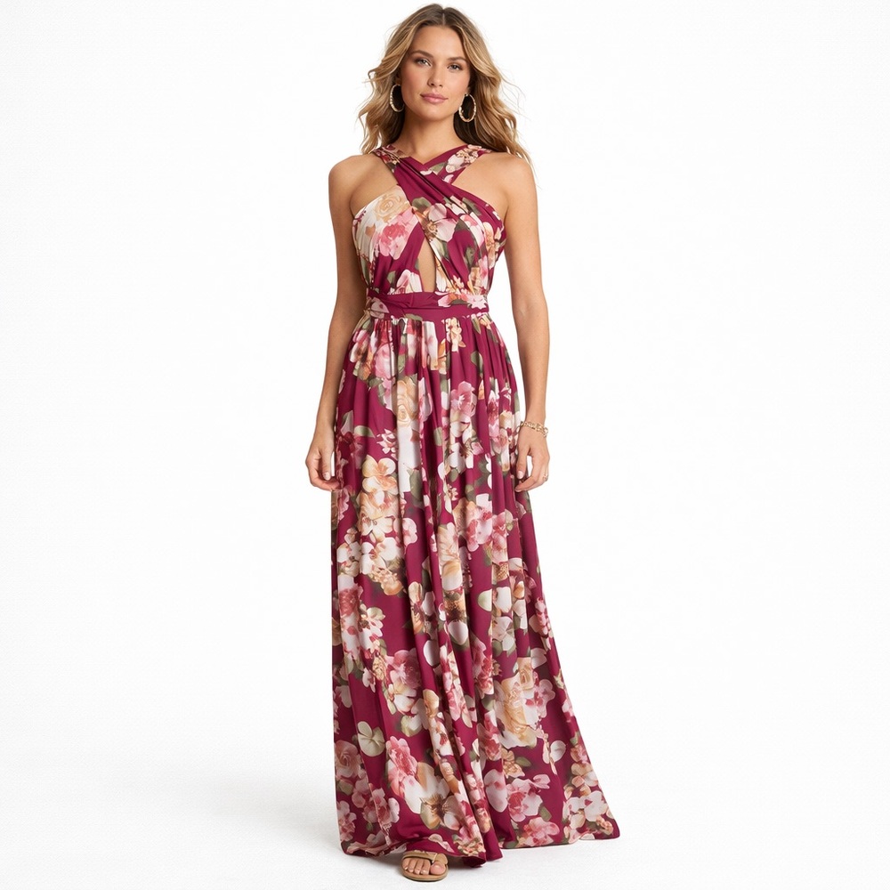 🆕On The Land Burgundy Floral Maxi Dress NIP